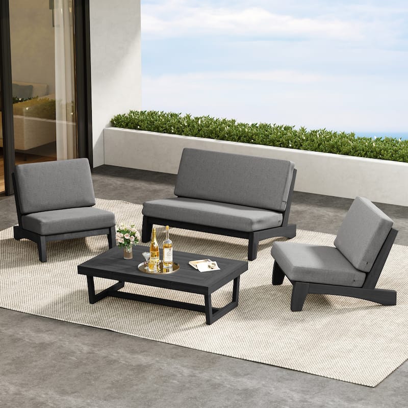 4 Pieces Wood Sectional Sofa Patio Conversation Set With Cushion