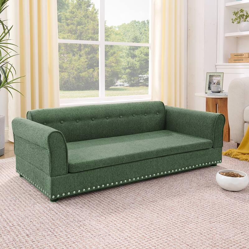 Oversized Pet Sofa, Elegant Modern Linen Fabric Elevated Dog Sofa Bed, Oversized Rectangular Pet Bed with Backrest & Armrest