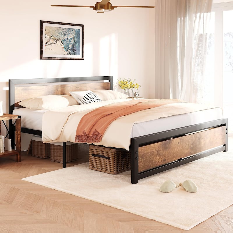 Bed Platform with Wooden Headboard No Box Spring Needed
