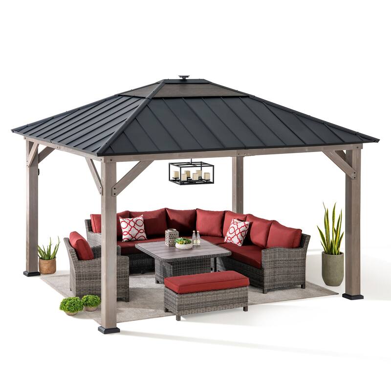 Sunjoy Outdoor Hardtop Gazebo Wooden Pergola with One-Tier Metal Roof, LED Light and Ceiling Hook