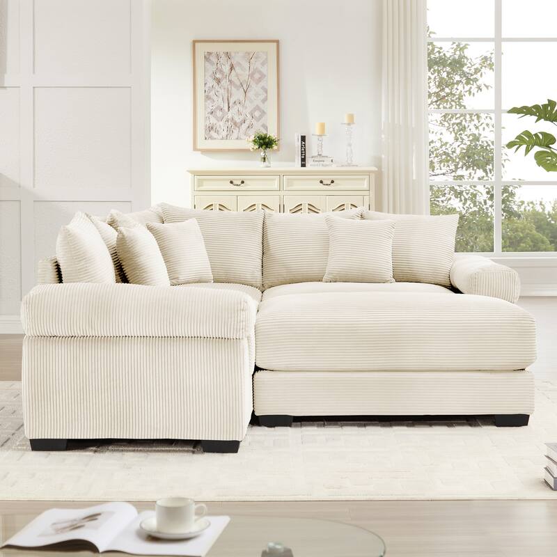 GDFStudio - Corduroy 3-Seater 79.1" Cloud Modular Sectional Couch with Ottoman