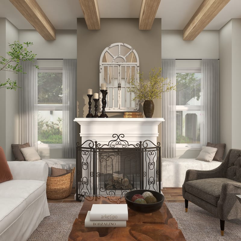 Wood Window Pane Inspired 2 Door Room Wall Mirror with Arched Top and Distressing - White - Roche River Decor