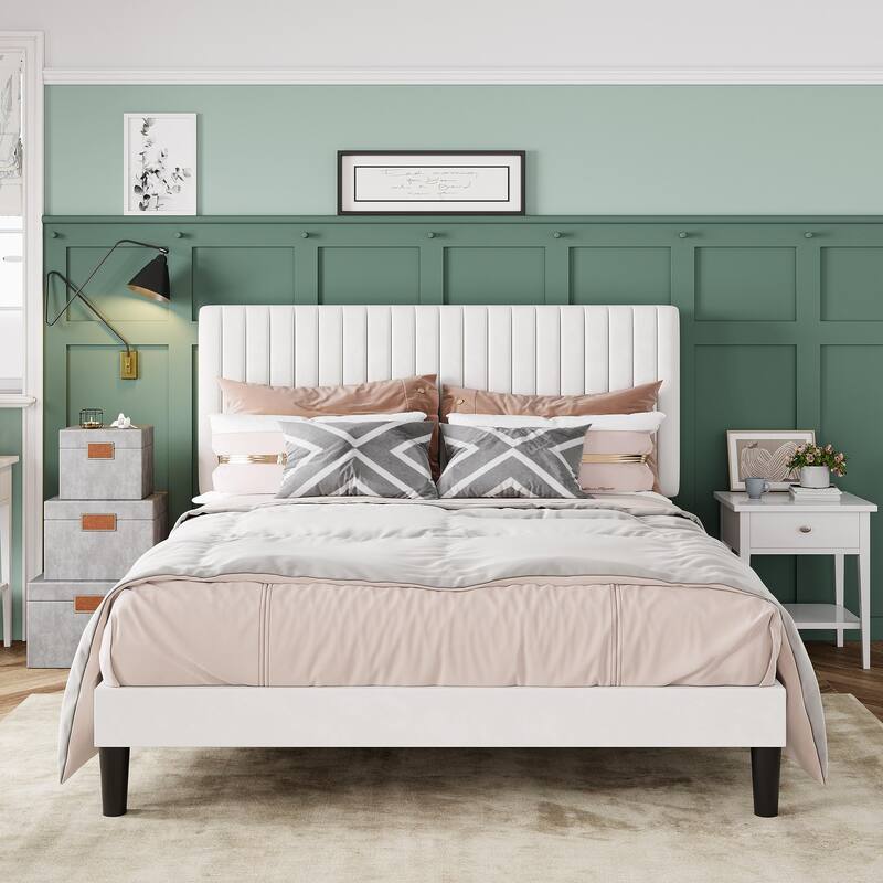 Full Bed Frame, Velvet Upholstered Platform Bed with Vertical Channel Tufted Headboard, Mattress Foundation with Wooden Slats - White