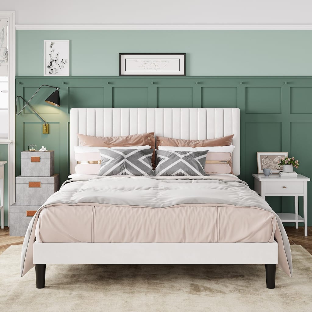 Full Bed Frame, Velvet Upholstered Platform Bed with Vertical Channel Tufted Headboard, Mattress Foundation with Wooden Slats