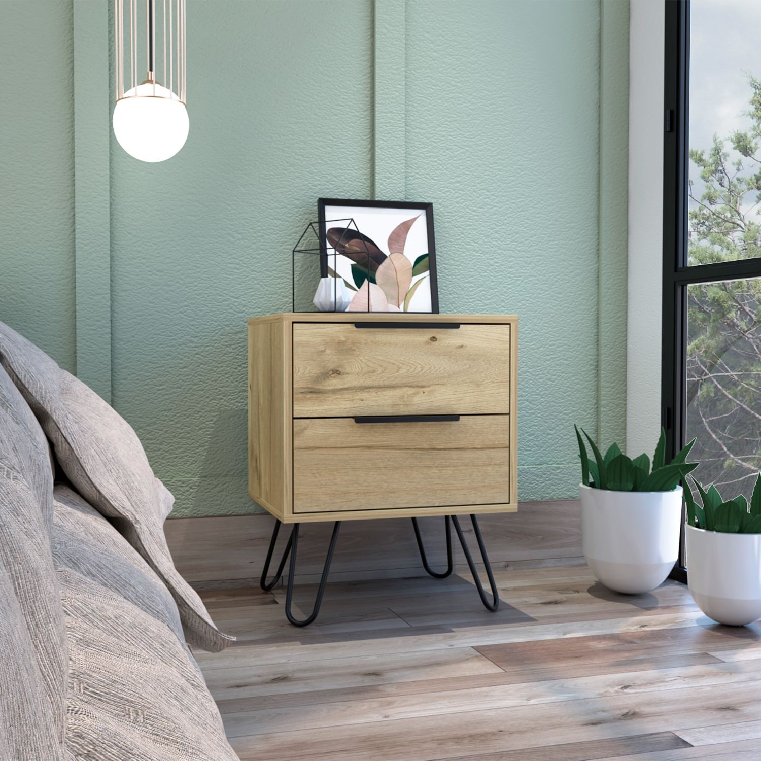 Light Oak Modern Nightstand with Two drawers Metal Handles Four