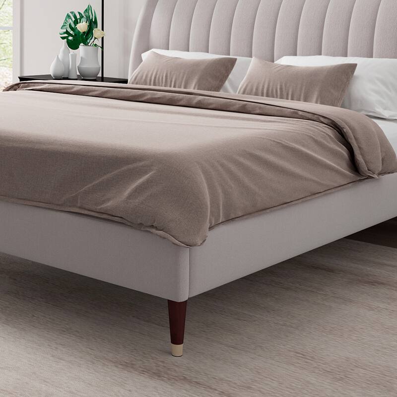 Beige Low Profile Upholstered Platform Bed with Wingback Headboard