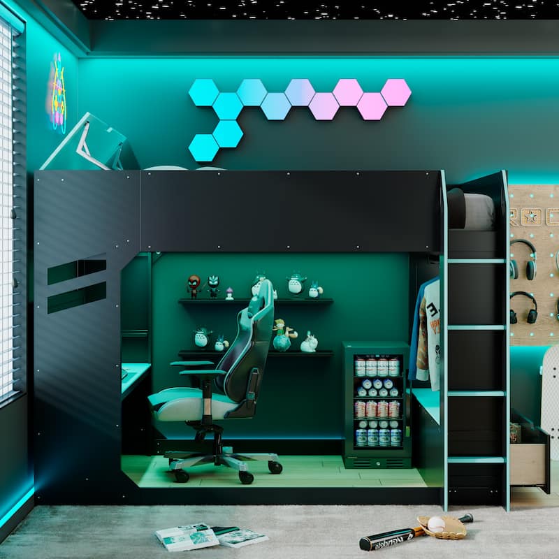 Full Size Loft Bed with Desk and RGB Lights, Wood Storage Bed with Drawers