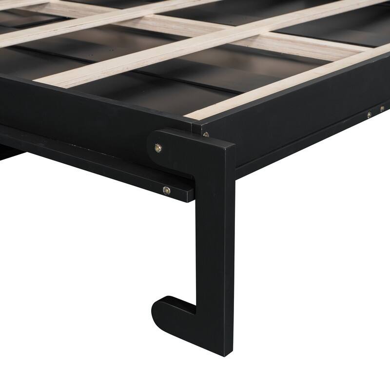 Queen Size Murphy Bed w/ Built-in Desk, 2 Arched Cabinets and 2 Drawers, Luxurious Folding Bed Frame w/ LED Light