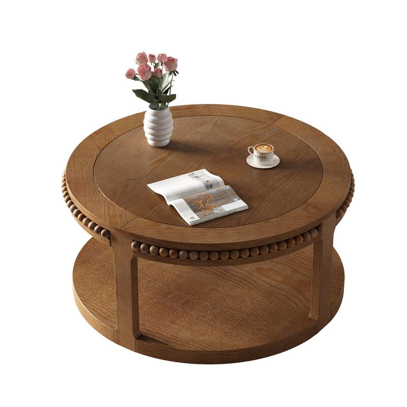 31.5 Inch Round Solid Wood Coffee Table for Living Room