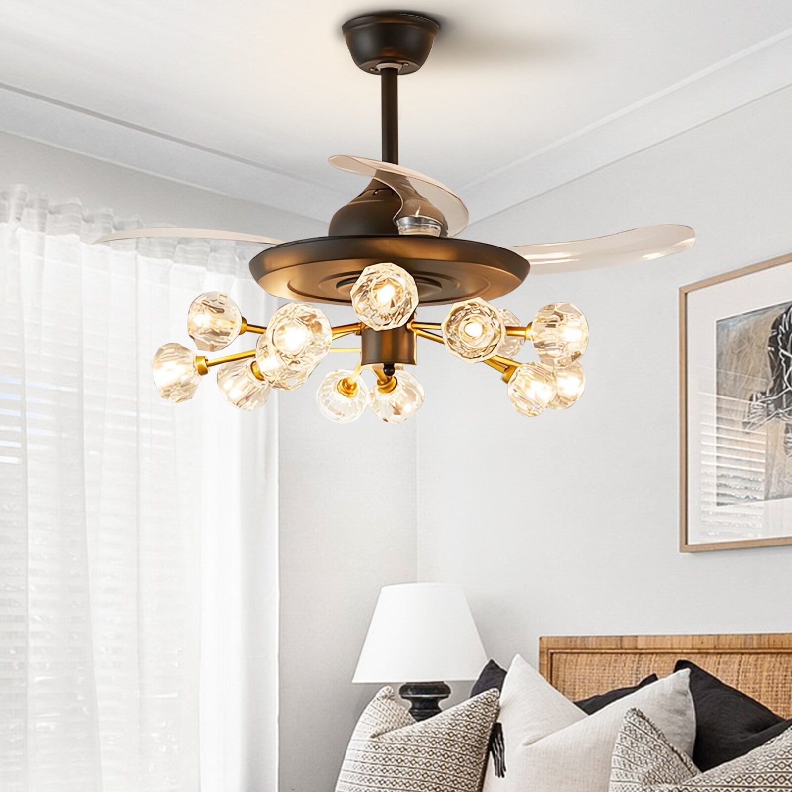 Modern Retractable Ceiling Fan with Remote, Black Ceiling