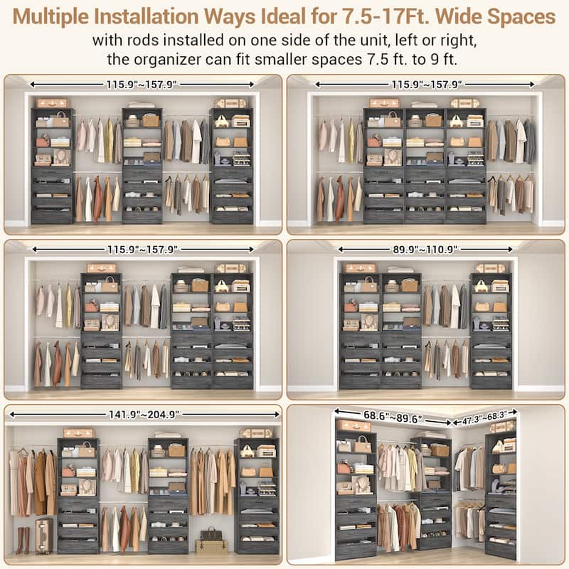 140'' Walk-in Closet Organizer System with 12 Drawers ＆ 4 Hanging Rods, 8.5-11.5FT Wooden Wardrobe Clothes Rack with 3 Towers