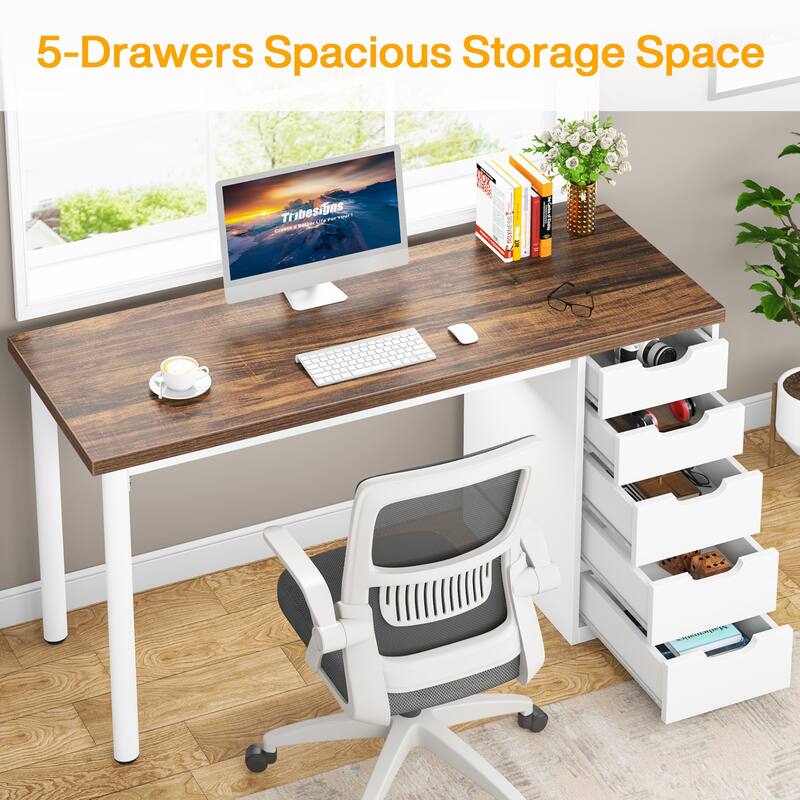 Modern Computer Desk with 5 Reversible Drawers, Storage Home Office Desk, PC/Laptop Desk, Study Writing Table Workstation