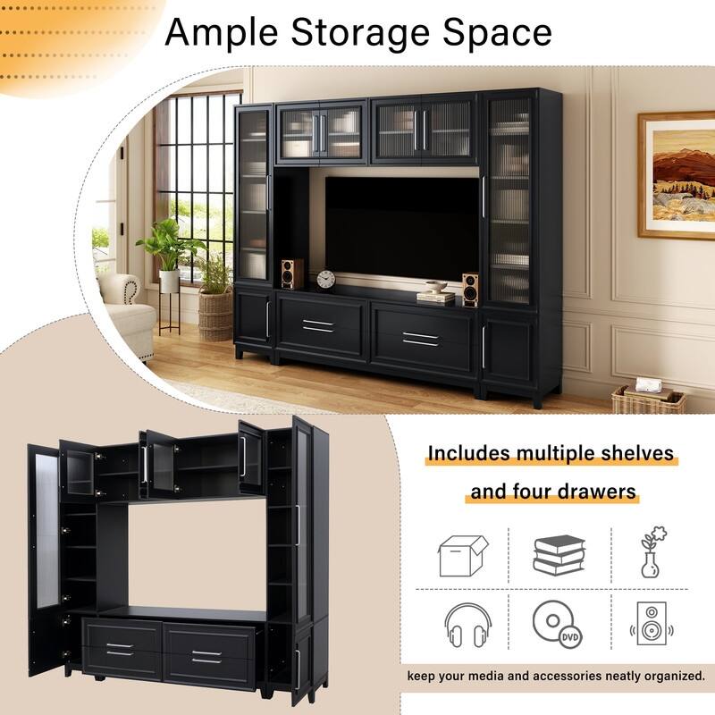 Modern 102" W Wall Unit Entertainment Center for TVs up to 75", Large Media TV Console with Glass Doors and Drawers