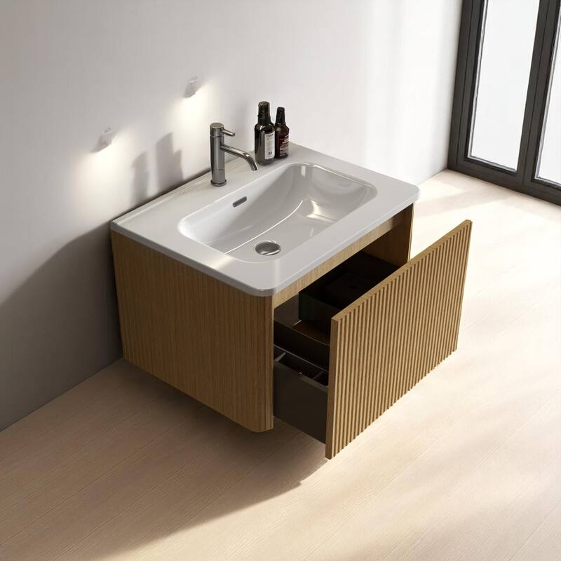 36" Floating Bathroom Vanity, Integrated Ceramic Sink, Push-Open Drawer & U-Shape Wall Fitting,Wall-Mounted MDF Vanity Cabinet