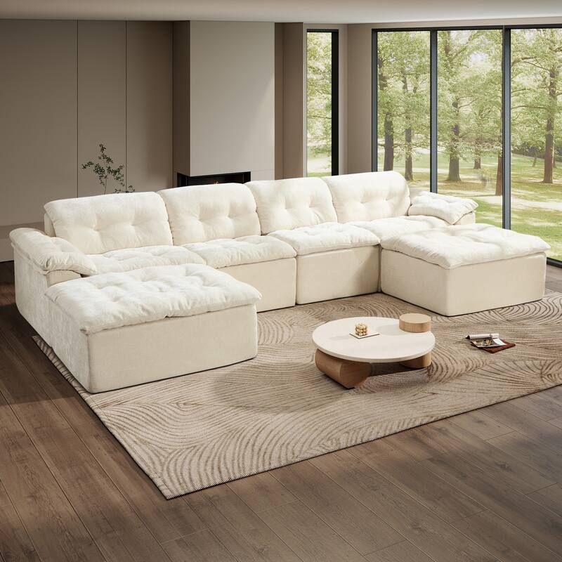 Rossetta 4-Seater Chenille Upholstery Modular Convertible Design Generous Seating Cushioned Sofa with 2 Versatile Ottomans - Beige