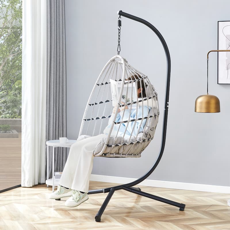 Heavy-Duty Iron Hanging Chair with Wicker Weave for Indoor/Outdoor Comfort