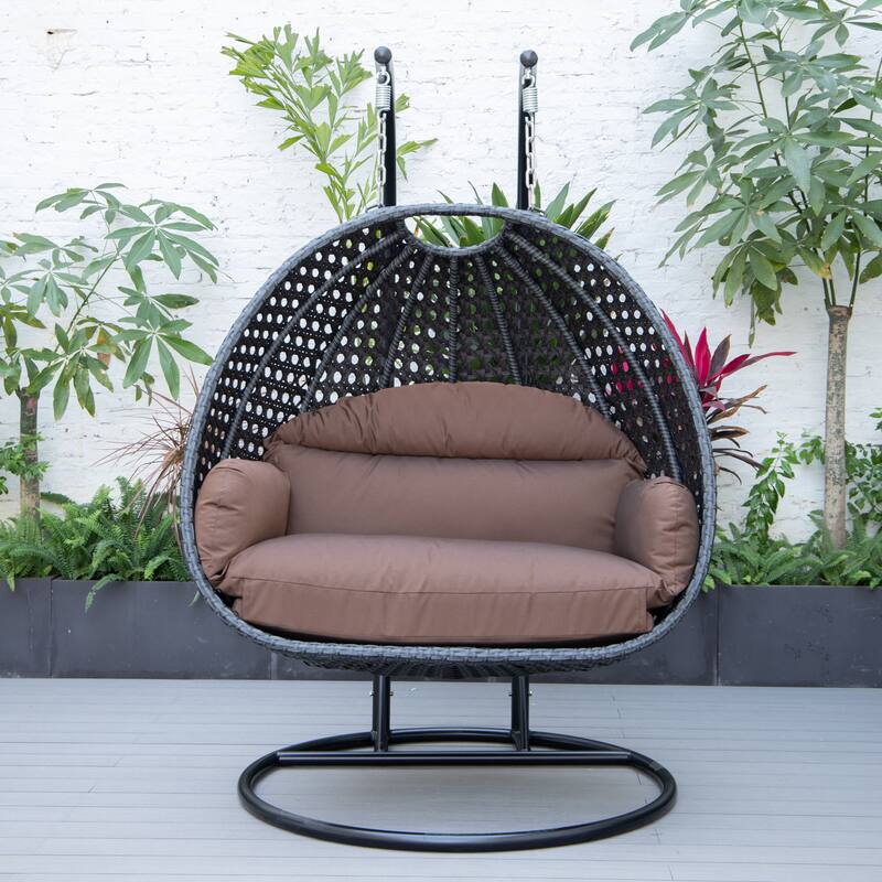 Patio 2-Person Hanging Egg Swing Chair Charcoal Wicker and Iron Frame Breathable Removable Cushion Covers by LeisureMod