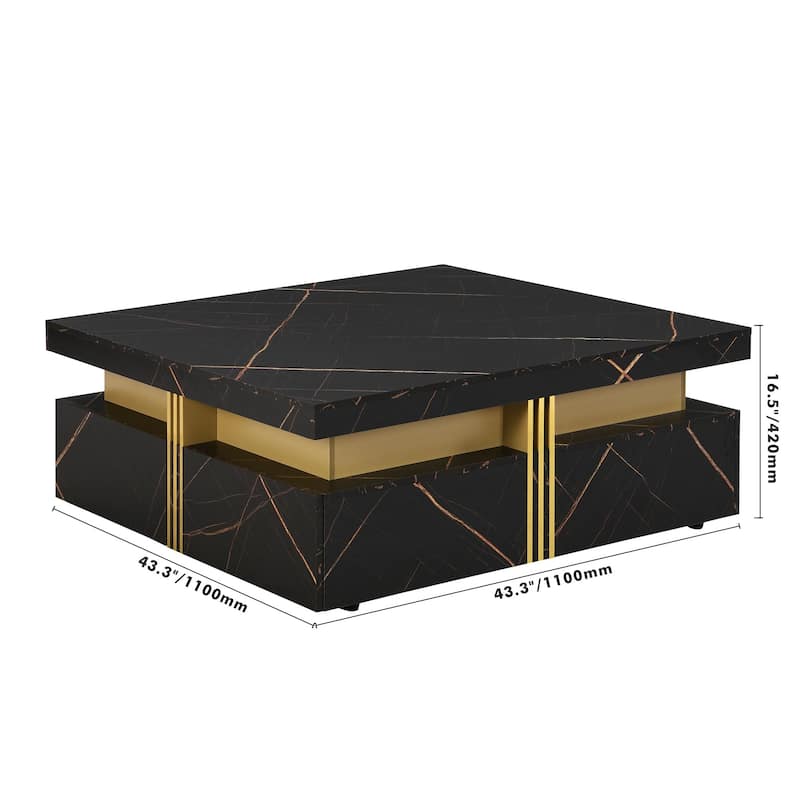 Modern Black Square Storage Coffee Table With 4 Wood Drawers
