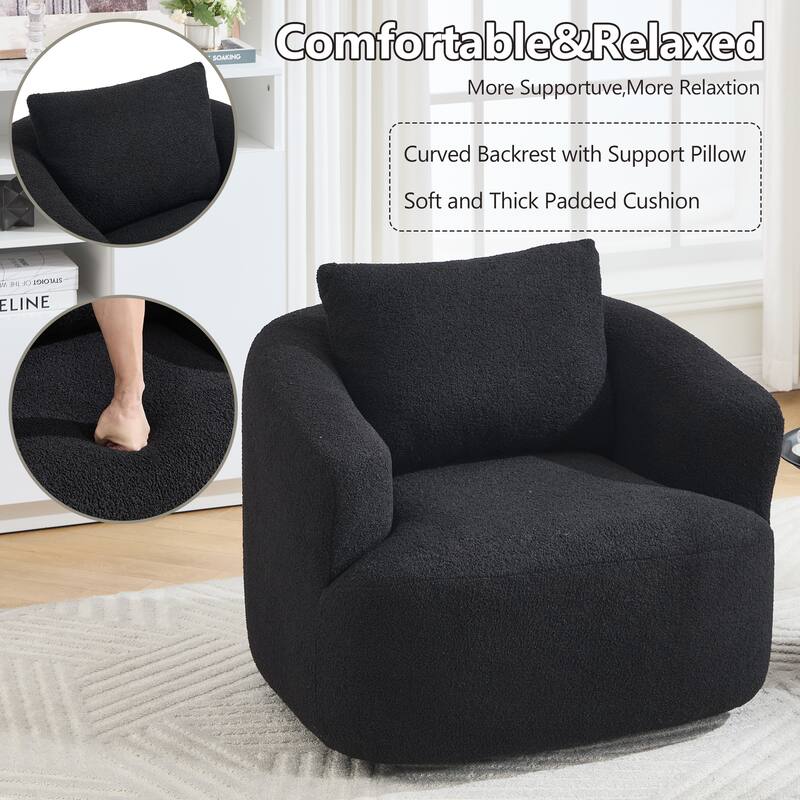 360°Swivel Round Upholstered Comfy Chair With One Soft Pillow, Teddy Fleece High-Resilience Sponge Single Sofa