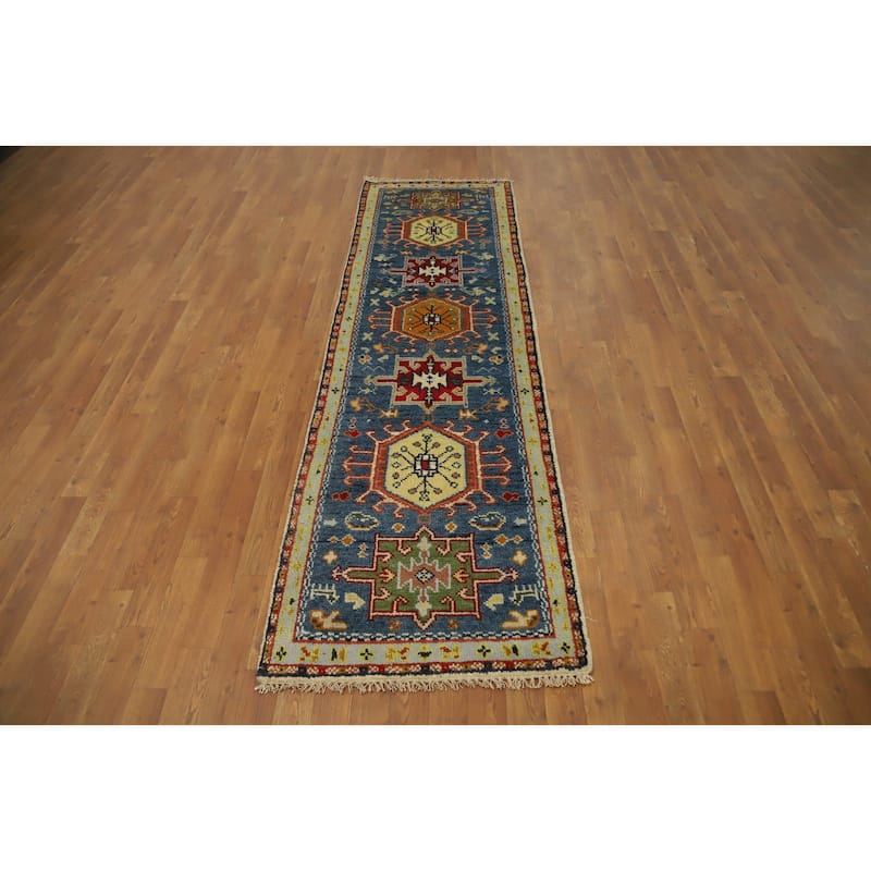 Hand Knotted Oriental 100% Wool Carpet Traditional Geometric Navy Blue & Blues Kazak Runner Rug - 8' 3'' X 2' 6''