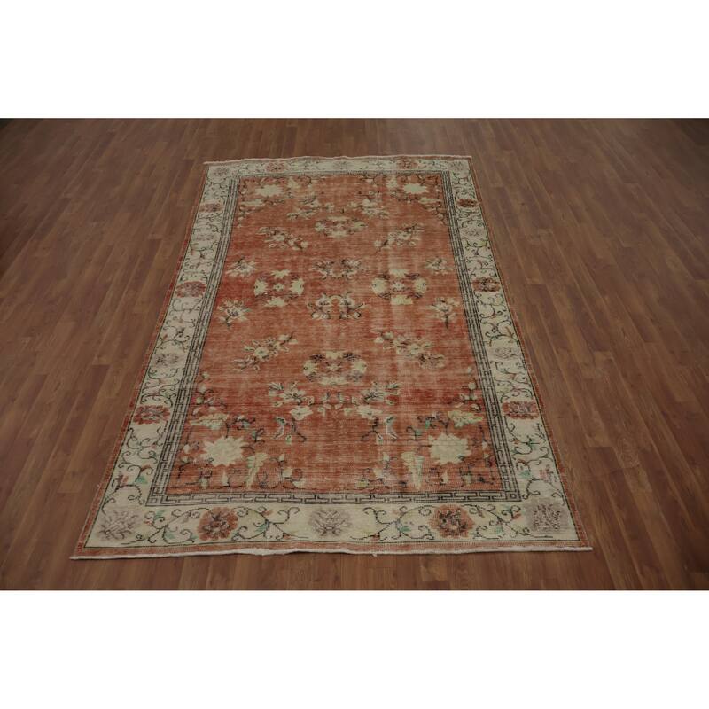 Hand Knotted Oriental 100% Wool Carpet Transitional Floral Oranges & Rust Anatolian Area Rug - 9' 3'' X 5' 6''