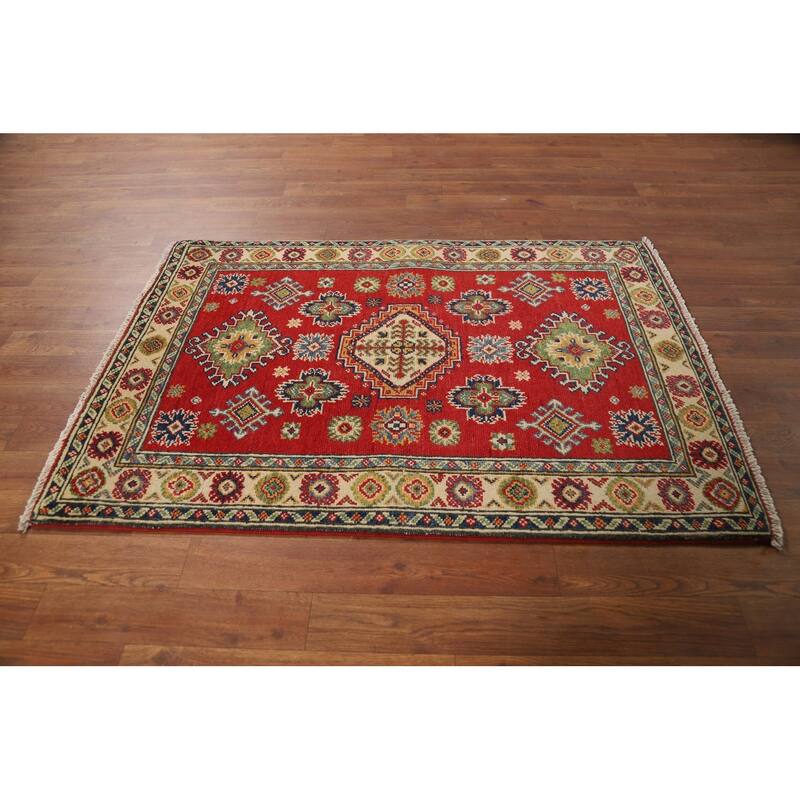 Red Kazak Foyer Rug Traditional Handmade Geometric Wool Carpet - 2'8"x 3'11"