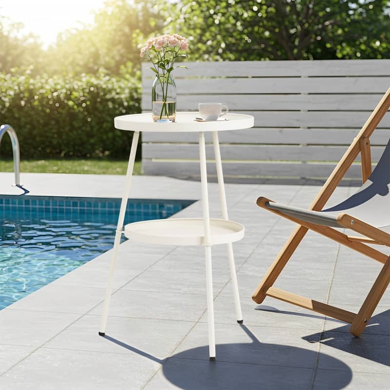 2 Tier Round Patio Small Side Table, Metal Coffee Table for Indoor Outdoor - White