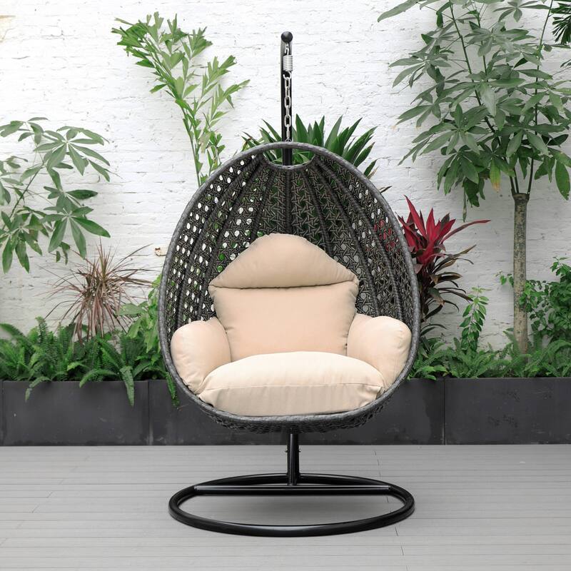 LeisureMod Charcoal Single Seater Rattan Wicker Egg Swing Hanging Chair for Indoor Outdoor Patio Porch Backyard Garden