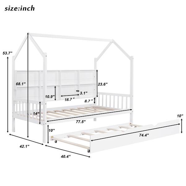 Twin Size Kids Bed with Trundle and Storage Shelf, Wooden House Frame with Roof and Play Area Design