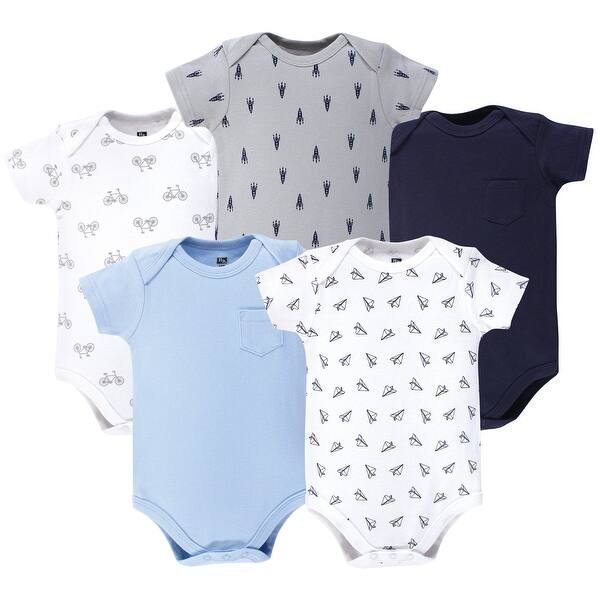 slide 1 of 1, Hudson Baby Infant Boy Cotton Bodysuits 5pk, Basic Paper Airplane 0-3 Months - Basic Paper Airplane