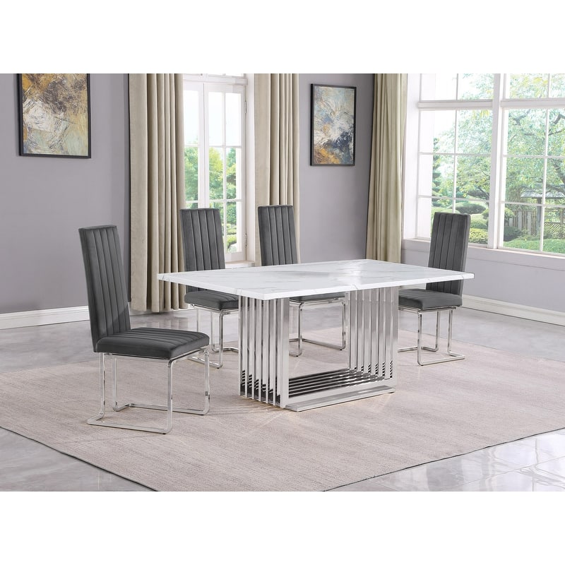 Best Quality Furniture D310/1-SC340-7 Dining Set with 68" White Marble Top - 5-Piece - Dark Grey / Silver