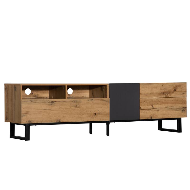 Modern TV Stand, for TVs Up to 80 Inches with Open Shelving, 2 Drawers and Drop-Down Door, for Living Rooms and Bedrooms