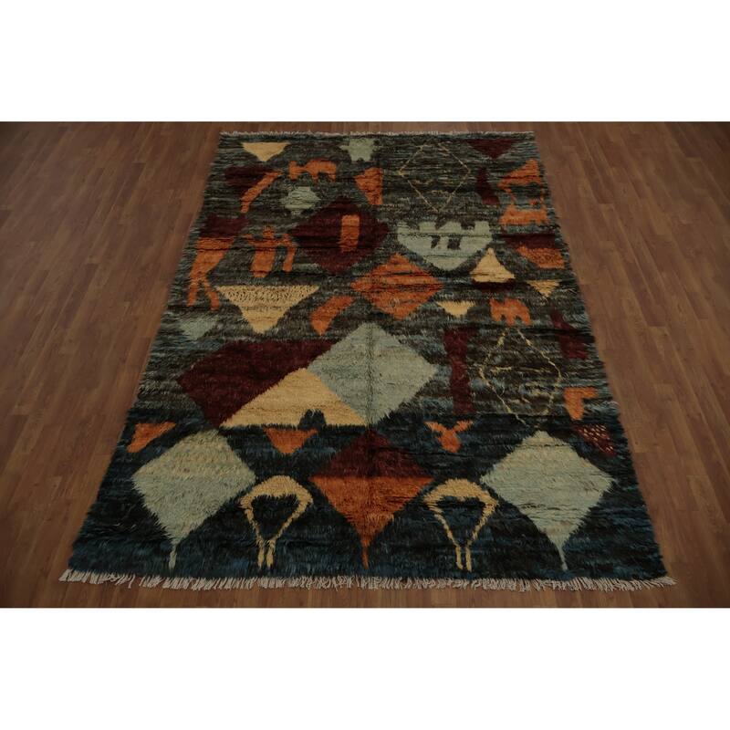 Hand Knotted Oriental 100% Wool Carpet Modern Tribal Multi-Colored Moroccan Area Rug - 9' 10'' X 6' 8''