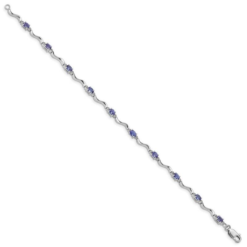Curata 925 Sterling Silver Polished Lobster Claw Closure Rhodium Plated Diamond and Tanzanite Bracelet