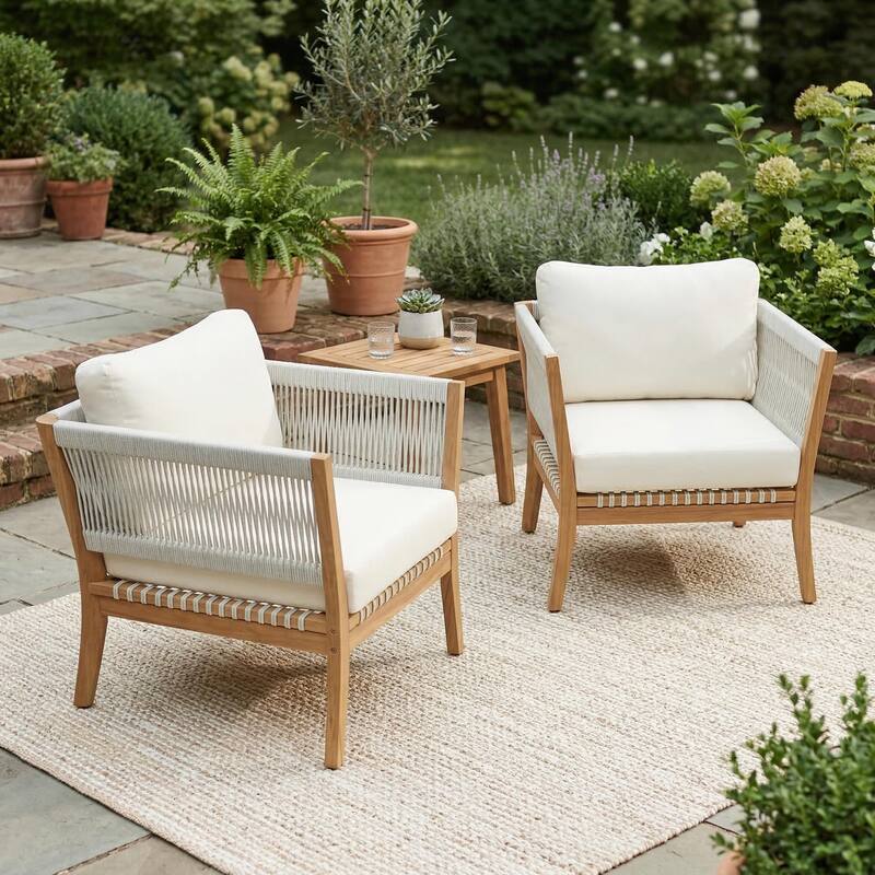 Christopher Knight Home - Modern Outdoor Acacia Wood Patio Lounge Chair with Woven Rope Accents and Weather-Resistant Cushions - Natural+Beige - 2-Piece
