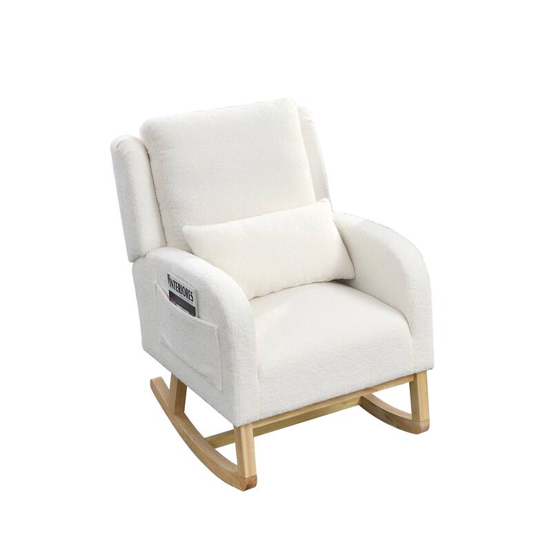 High Back Rocker Accent Chair with Wood Base, One Lumbar Pillow and Two Side Pockets