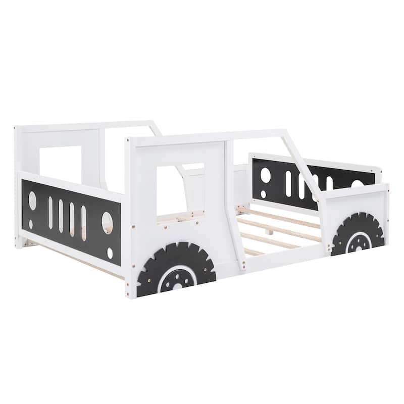 Classic Car-Shaped Twin/Full Bed for Kids, Blue/White, Pine Wood, Easy Assembly