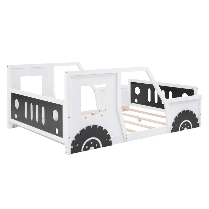 Full Size Classic Car-Shaped Wooden Platform Bed Frame with Wheels, Windows, Fun and Playful Design for Kids, for Bedroom