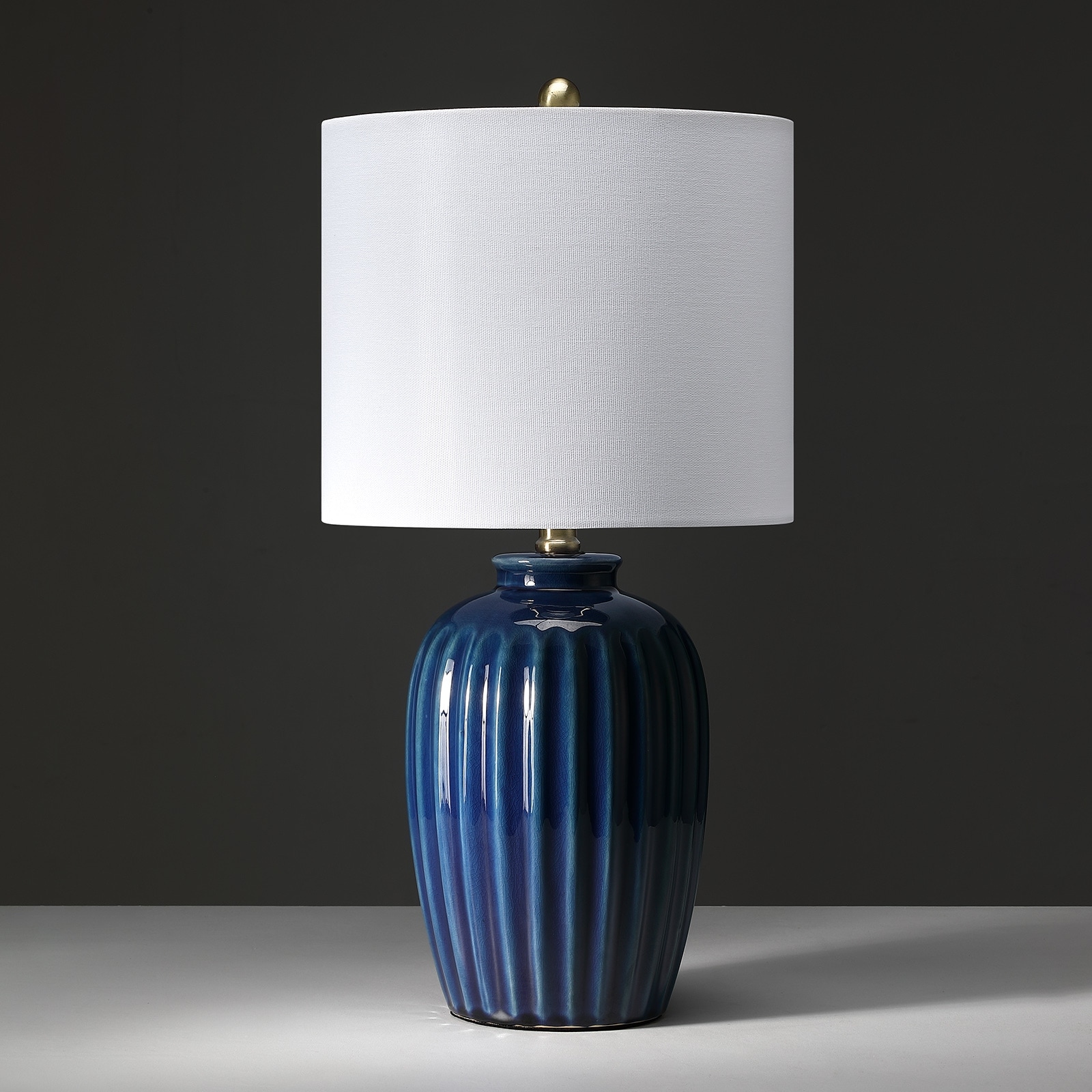 Blue Ribbed Ceramic Table Lamp with Drum Shade - 21 in. H