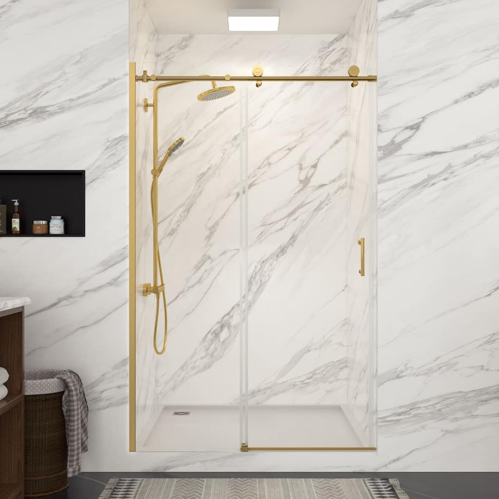 Lordear 48" x 76" Glass Shower Door Aluminum Semi-Frameless Single Sliding Adjustable Shower Enclosure - 48 in.W x 76 in H.