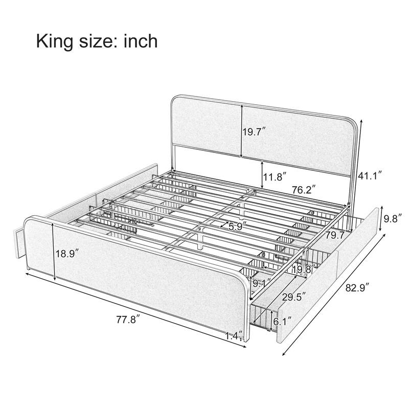 Metal Frame King Size Platform Beds with Headboard Footboard and 4 Storage Drawers
