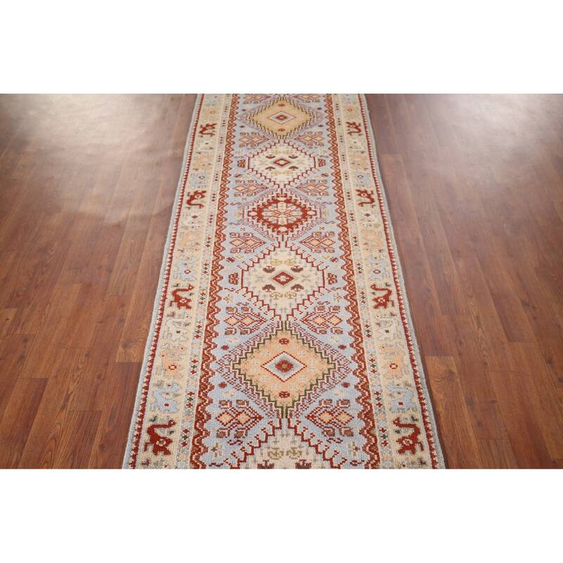 Light Blue Khotan Indian Runner Rug Handmade Wool Carpet - 2'7"x 11'11"