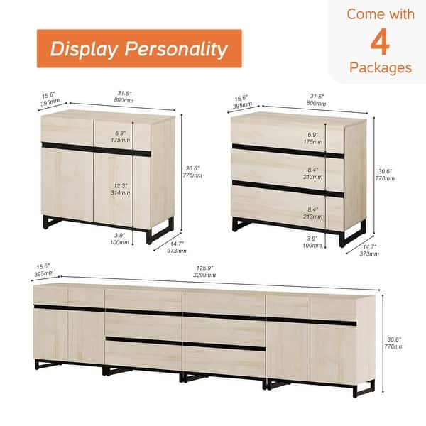 dimension image slide 1 of 2, WAMPAT 4 in 1 Multifunctional Sideboard Buffet Cabinets, Modern Sideboard with Adjustable Shelves and 6 Drawers
