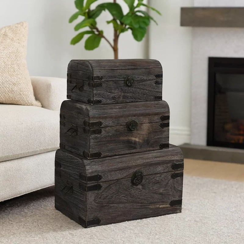 Wooden Lift Top Storage Box with Grain Details, Set of 3, Gray