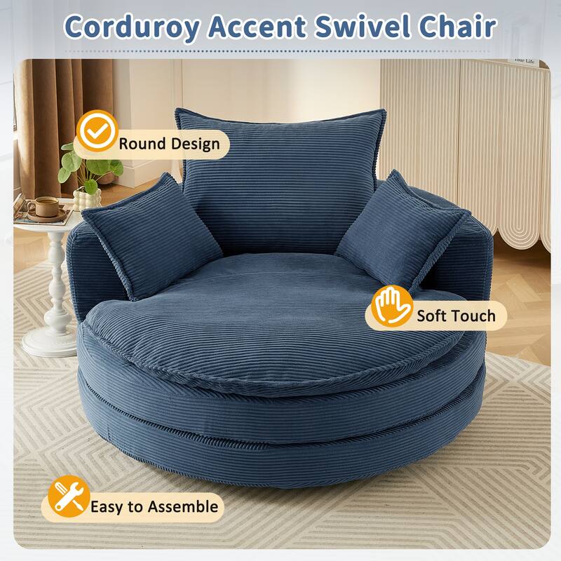 Roomfitters Swivel Barrel Chair with Dual-Layer Cushion and 3 Pillows, Comfy Accent Chair for Home or Office