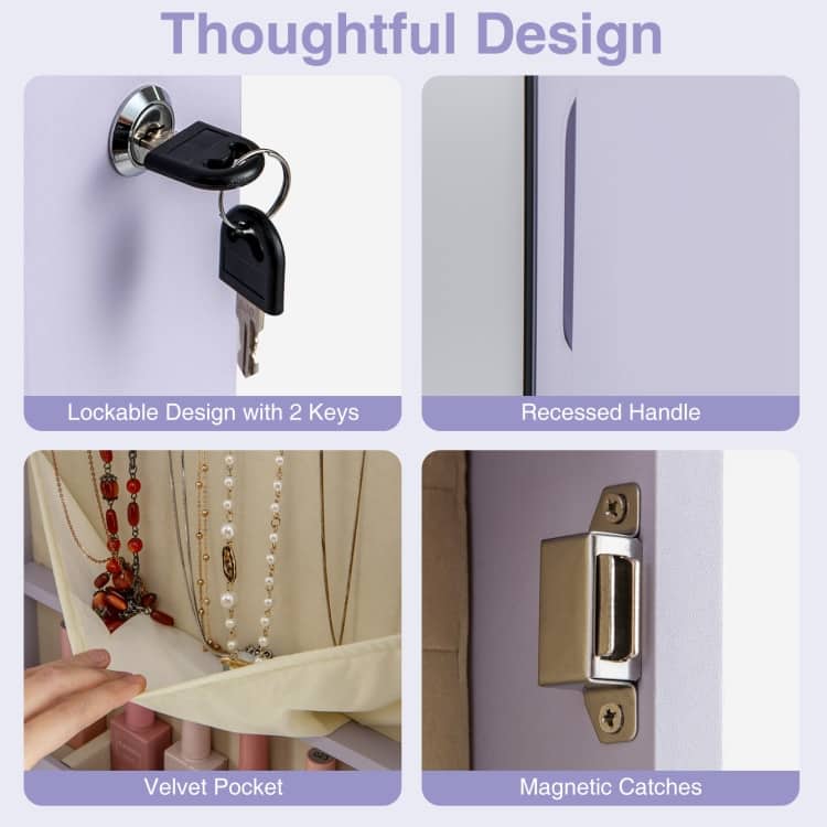 LED Lights Wall and Door Mounted Jewelry Storage Lockable Cabinet with Full Length Mirror - 14" x 4" x 54.5" (L x W x H)