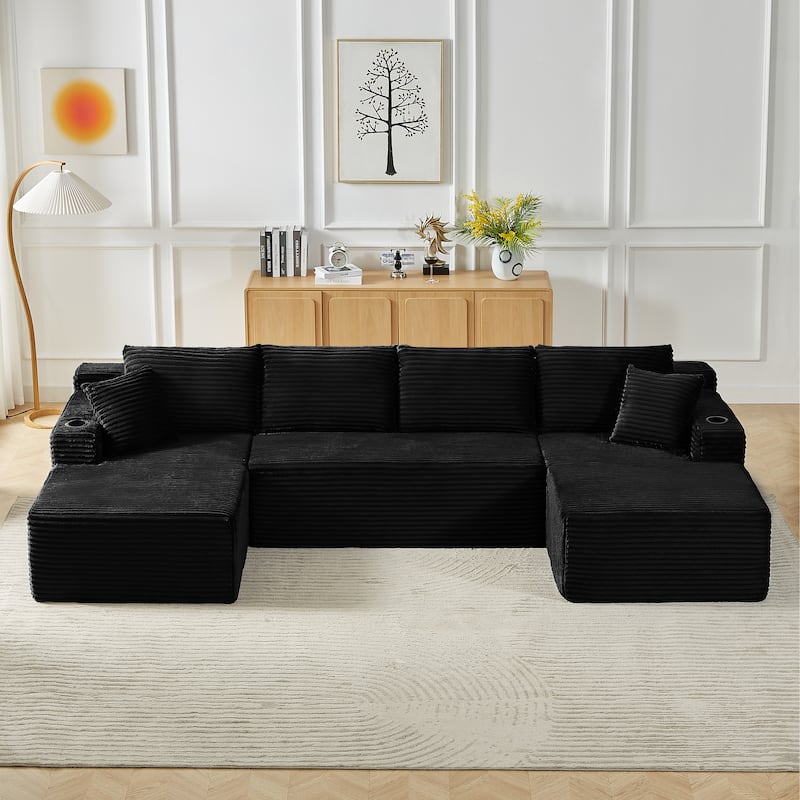 Minimalist Modular Lounge Couch U-shaped Sectional Sofa with Chaise, Corduroy Sleeper Sofa Bed with Side Pockets and Cup Holders