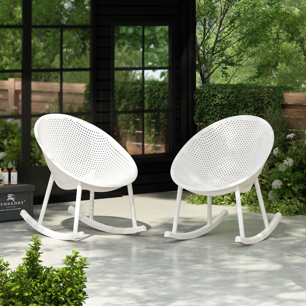 Roomfitters Gable Outdoor Plastic Rocking Chair with Weather Resistant Build, Modern Slat Back, White Set of 2