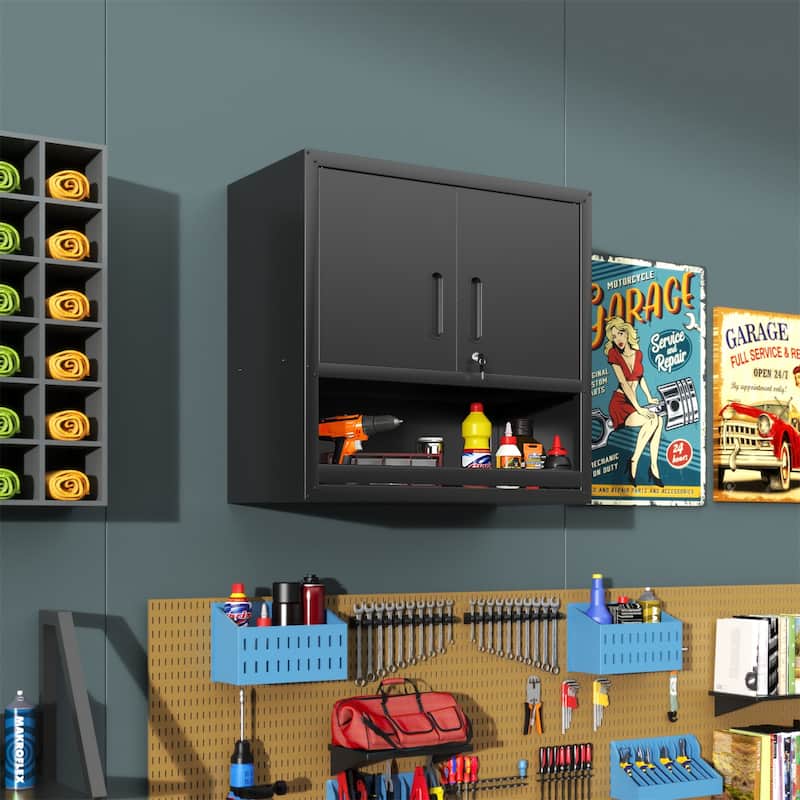 Metal Wall-Mounted Tool Storage Cabinet with Locking Door and 1 Shelf 1 Opened Drawer