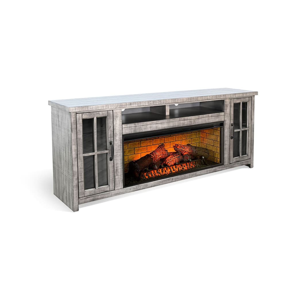 Gery TV Media Console w Log Fireplace, 76 Inch, 2 Cabinets, Gray